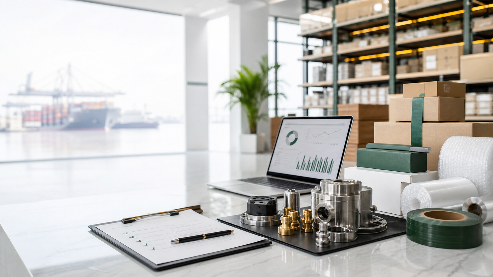 Modern export operations with industrial product samples and inspection materials